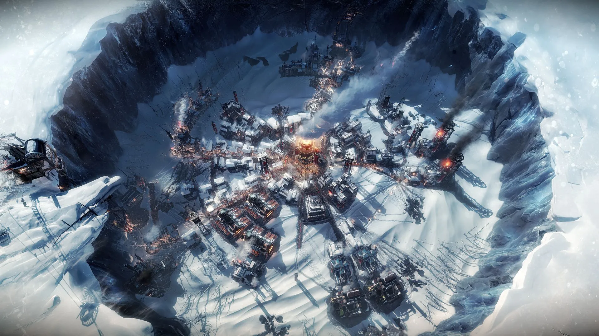 Bản đồ thành phố New London trong Frostpunk 1886, thể hiện kiến trúc thành phố quanh lõi năng lượng giữa mùa đông khắc nghiệt và đồ họa nâng cấp bằng Unreal Engine 5.
