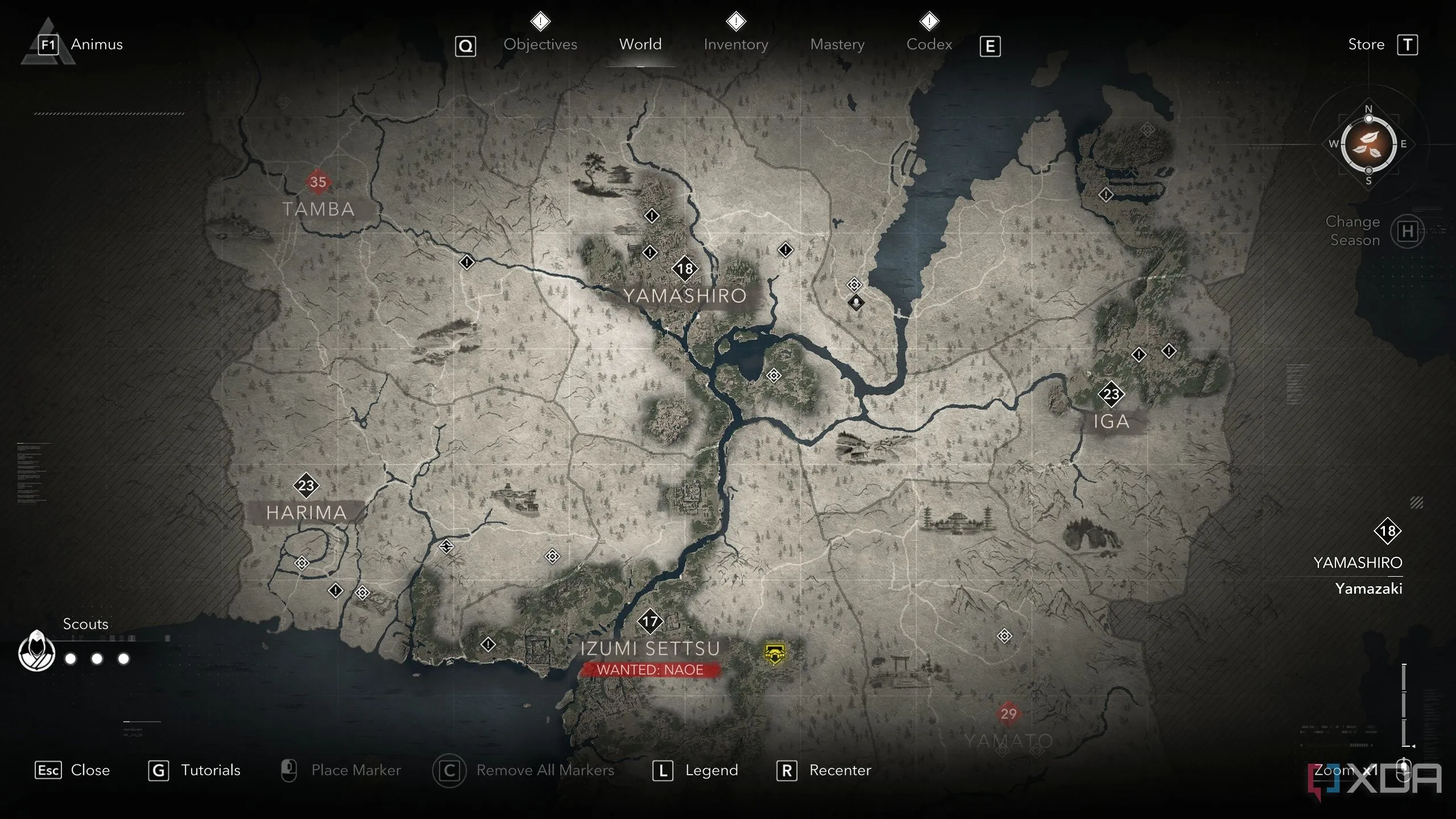 Bản đồ thế giới mở của Assassin's Creed Shadows hiển thị các điểm Kakurega và khu vực có thể khám phá bằng trinh sát.