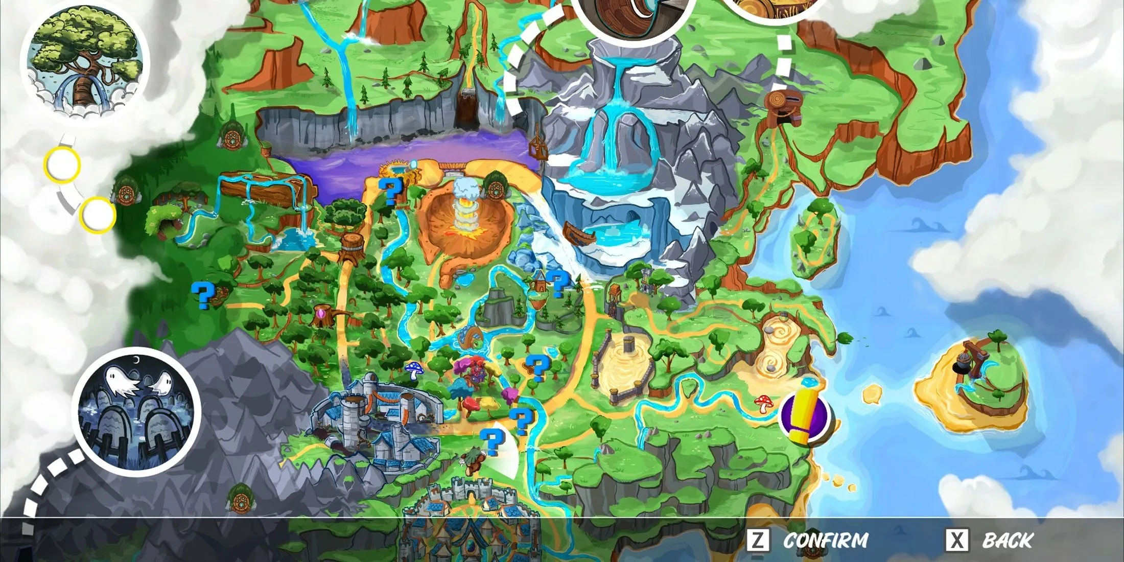 Bản đồ thế giới trong Ruffy and the Riverside với các khu vực đa dạng, cho thấy quy mô game