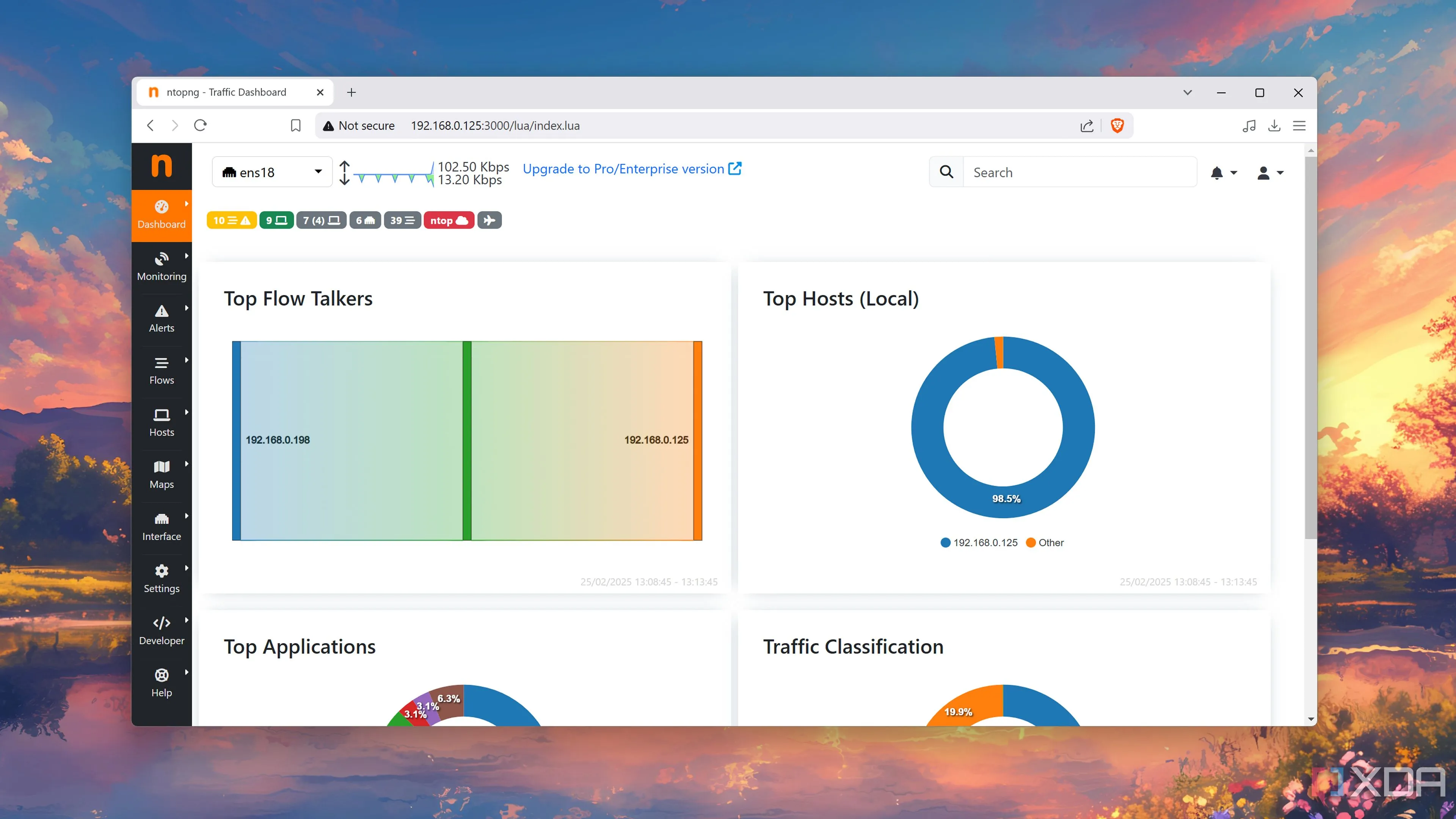 Bảng điều khiển (Dashboard) của ntopng hiển thị tổng quan về các host đang hoạt động và lưu lượng mạng