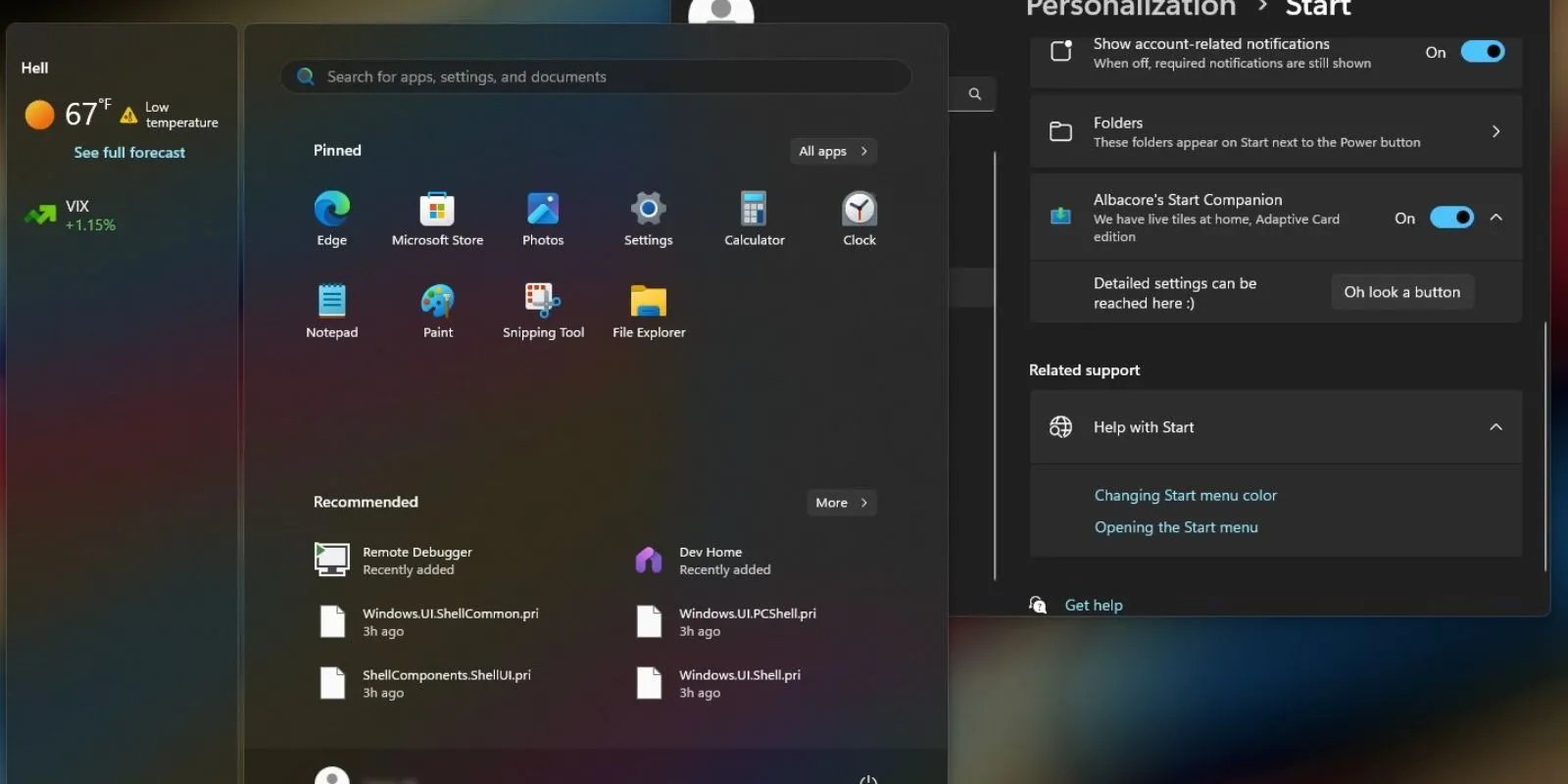 Bảng điều khiển phụ tùy chỉnh trên Start Menu Windows 11