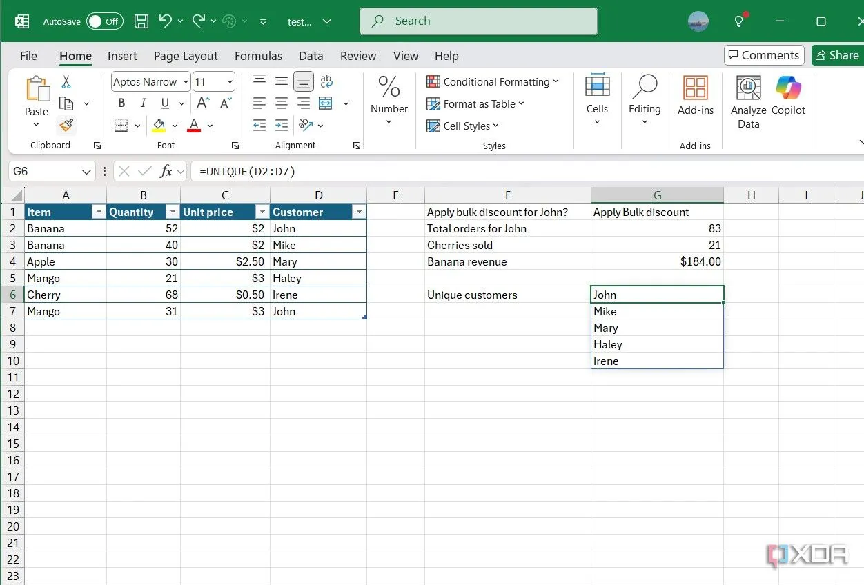 Bảng tính Excel với hàm UNIQUE, chỉ hiển thị danh sách các tên khách hàng duy nhất từ một cột dữ liệu.