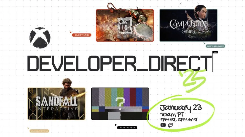 Banner sự kiện Xbox Developer_Direct 2025 giới thiệu ba tựa game sắp ra mắt