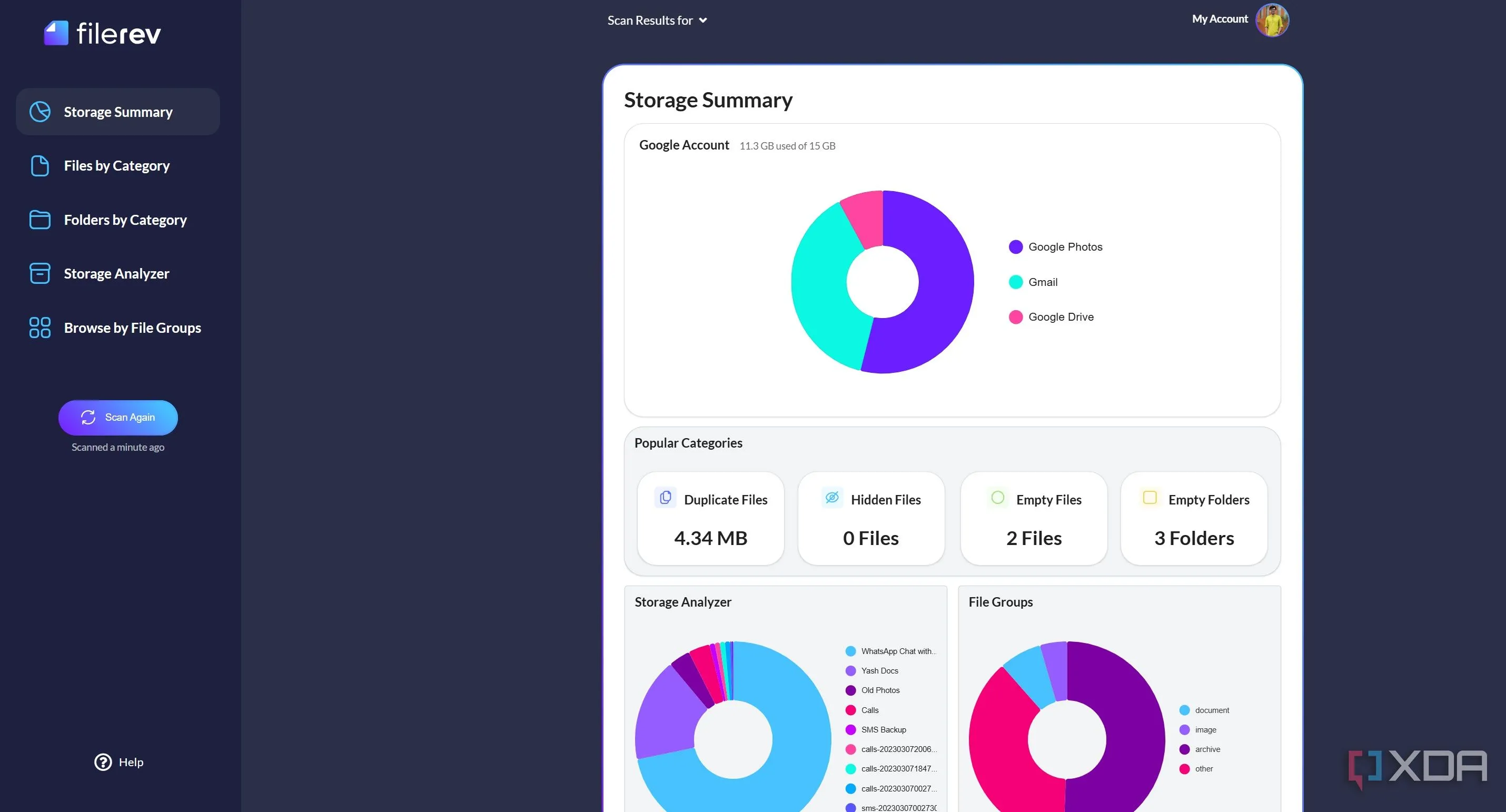 Báo cáo quét chi tiết của Filerev hiển thị kết quả phân tích tài khoản Google Drive