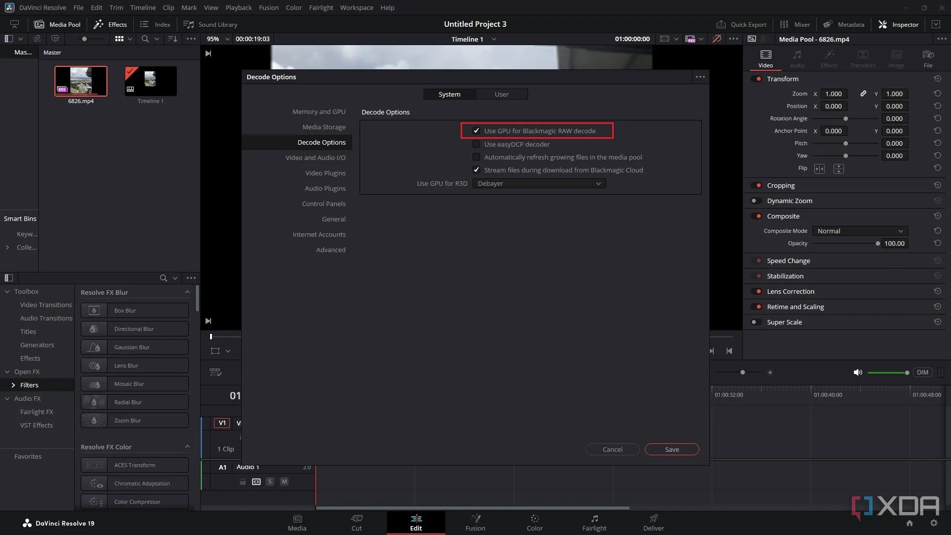 Bật tùy chọn &quot;Sử dụng GPU để giải mã Blackmagic RAW&quot; trong DaVinci Resolve