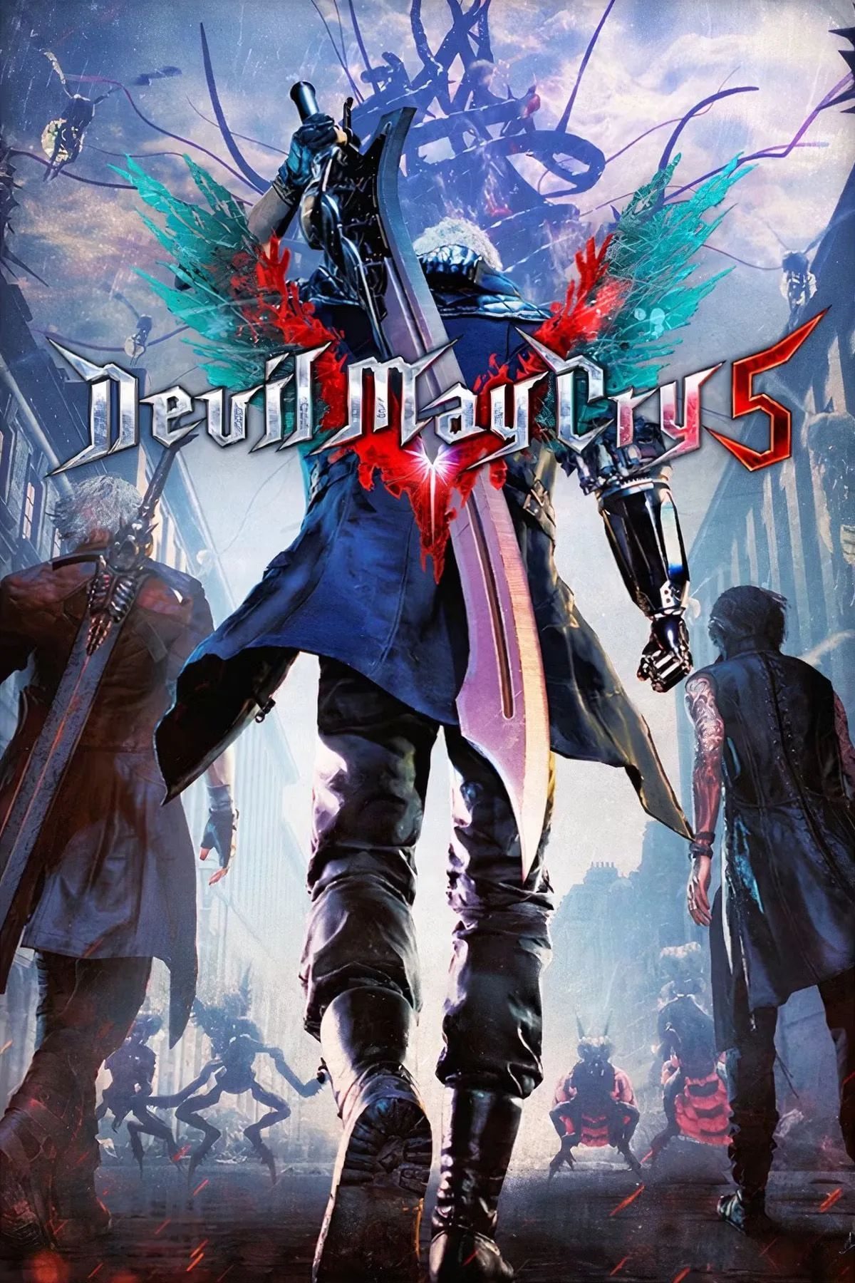 Bìa đĩa game Devil May Cry 5 với Dante, Nero và V.