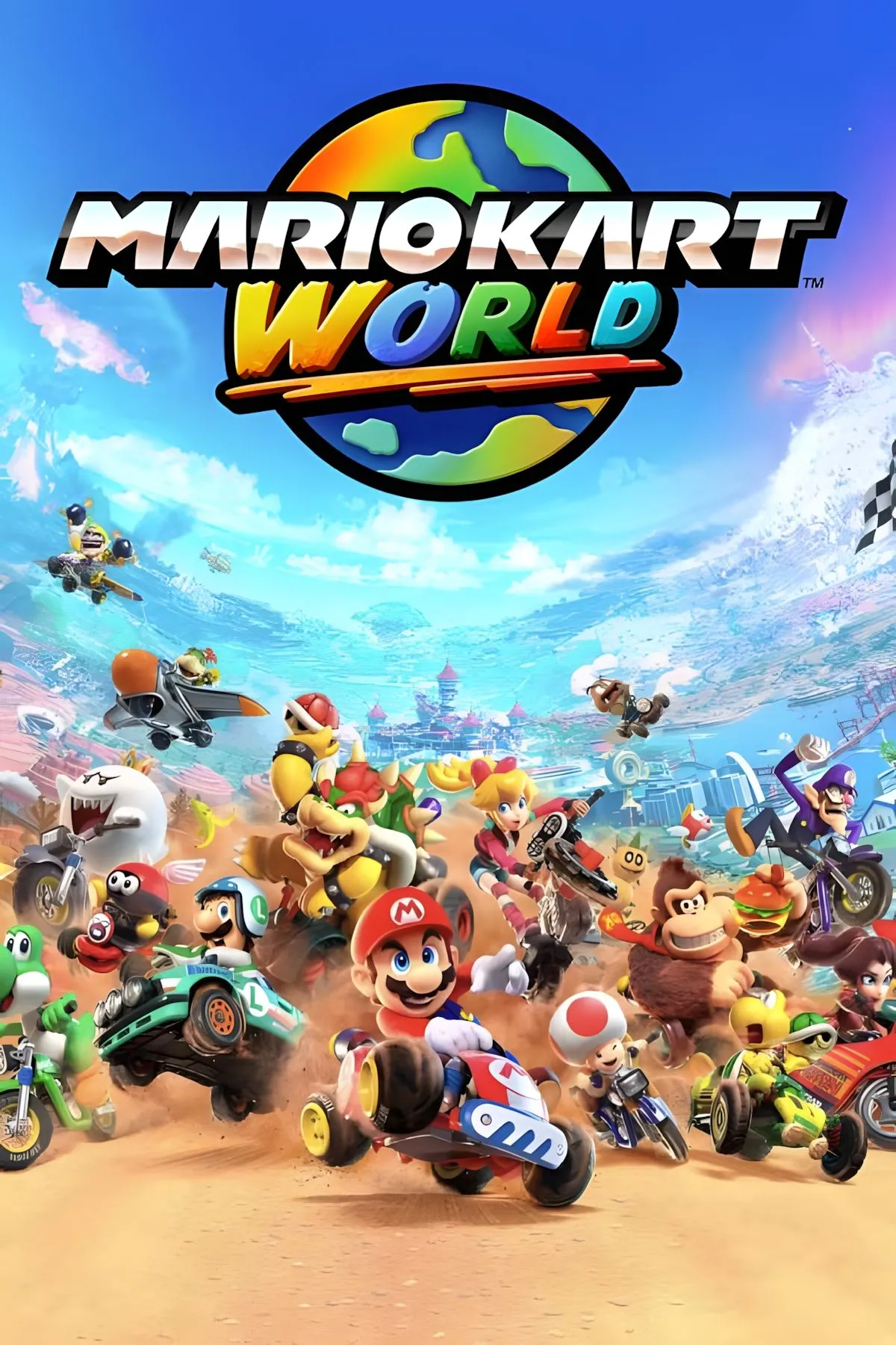 Bìa game Mario Kart World với các nhân vật quen thuộc đang đua xe tốc độ cao trên đường đua nổi bật.