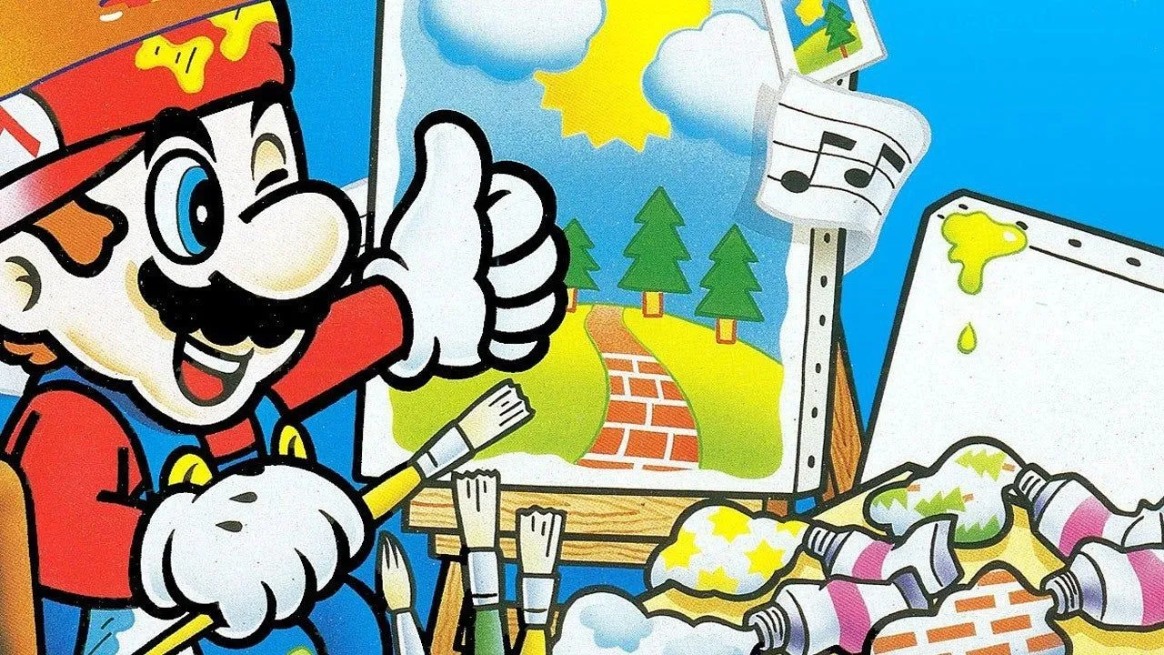 Bìa game Mario Paint trên SNES, minh họa gameplay sáng tạo với chuột