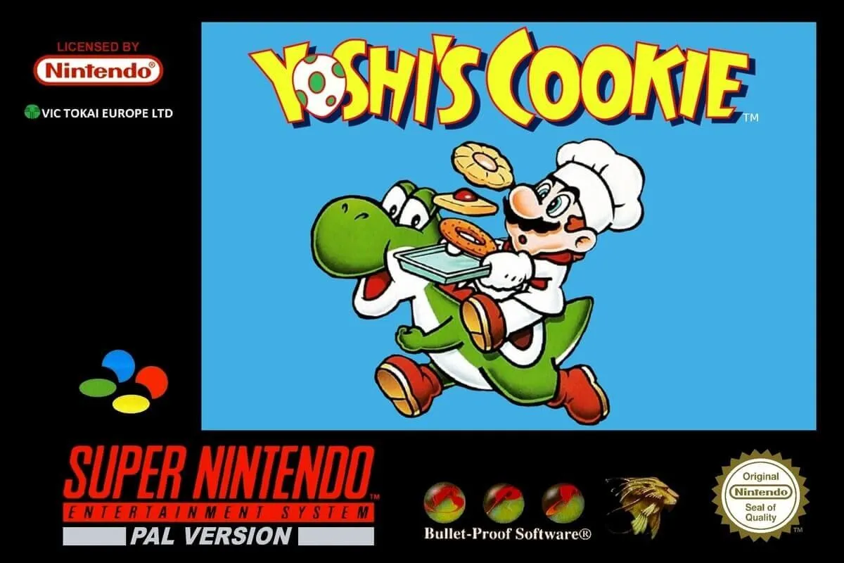 Bìa game Yoshi's Cookie phiên bản PAL cho SNES, có hình ảnh Yoshi và Mario