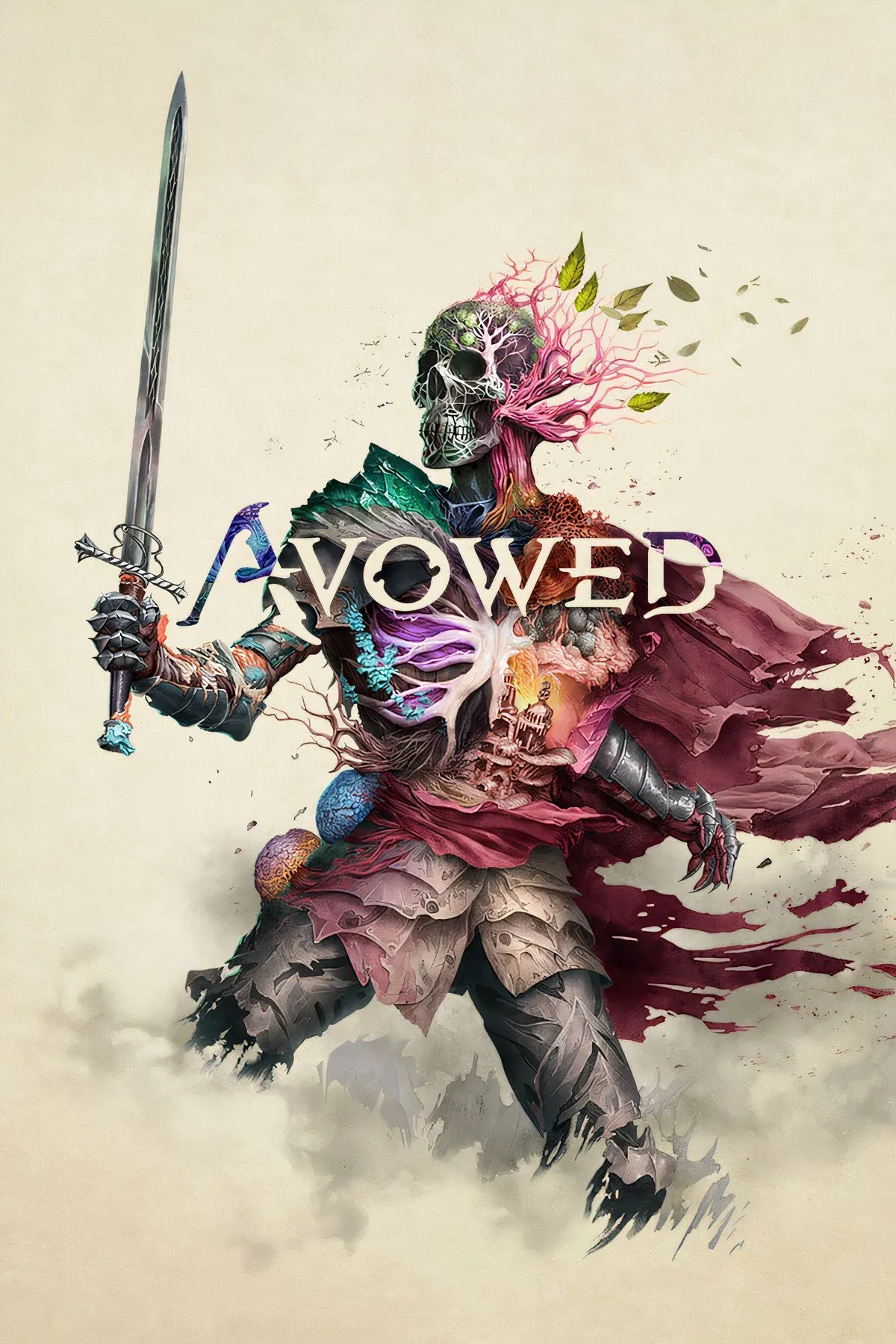 Bìa nghệ thuật game Avowed với nhân vật chính và bối cảnh thế giới giả tưởng