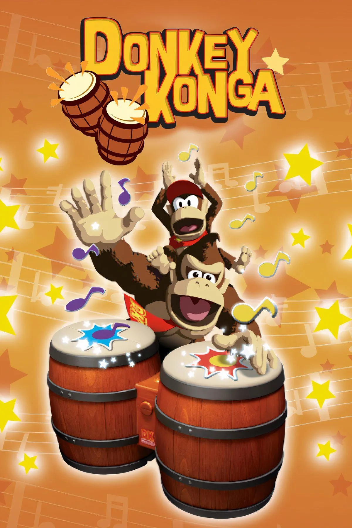 Bìa nghệ thuật game Donkey Konga, với hai tay cầm DK Bongo và hình ảnh các nhân vật