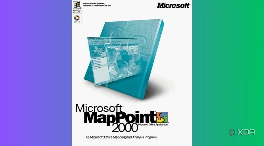 Bìa sản phẩm Microsoft MapPoint với hình ảnh bản đồ và các điểm đánh dấu