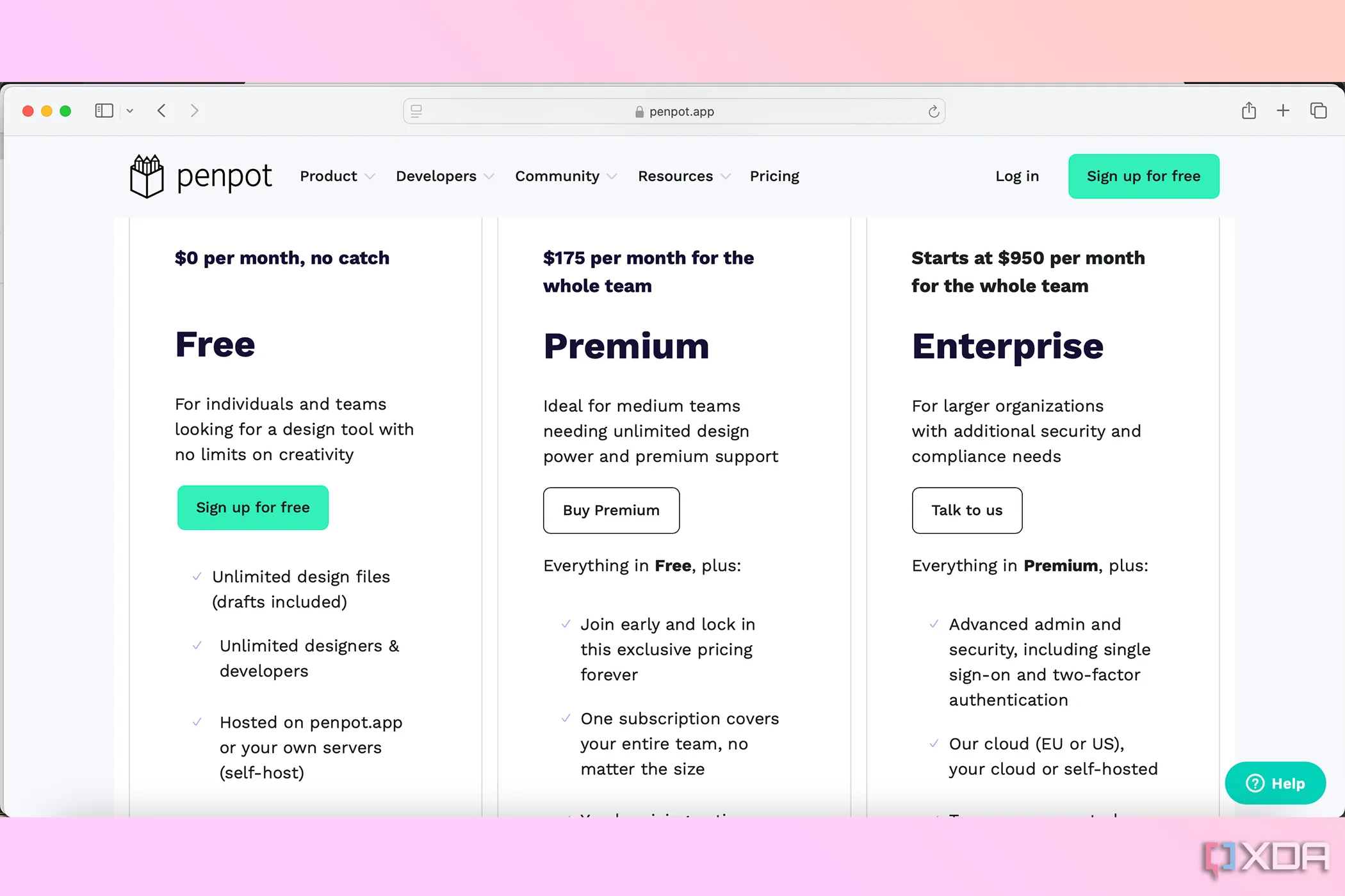Biểu đồ giá Penpot: So sánh gói miễn phí, Premium và Enterprise
