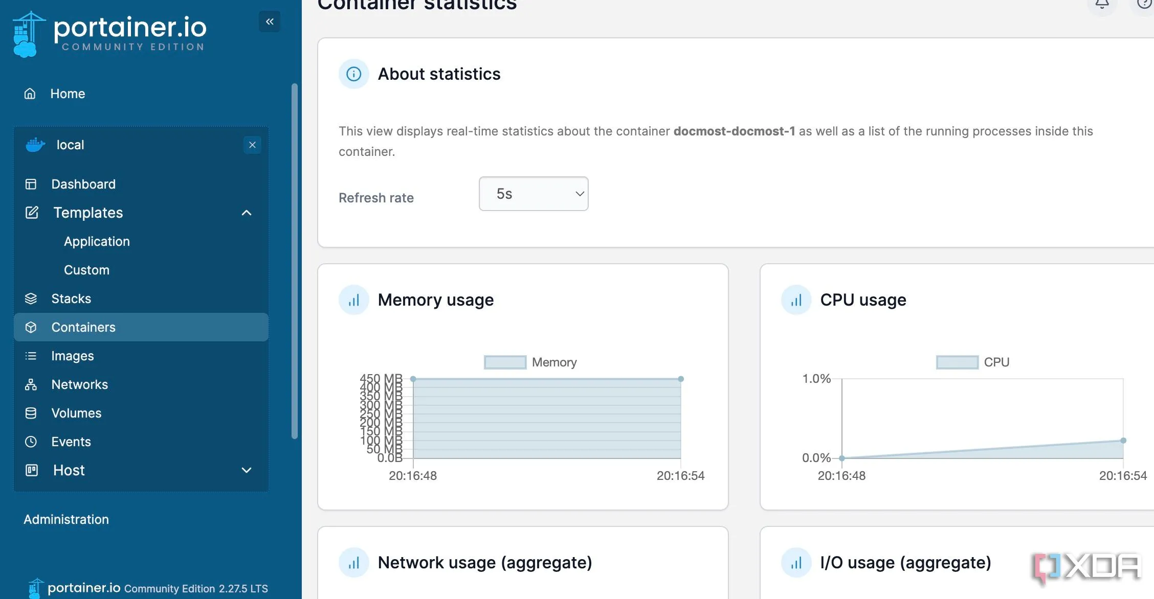 Biểu đồ giám sát CPU và bộ nhớ container theo thời gian thực trong Portainer