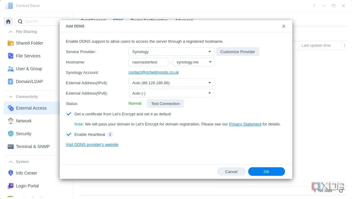 Biểu mẫu thêm dịch vụ DDNS mới trên Synology DSM 7, điền thông tin nhà cung cấp và hostname.