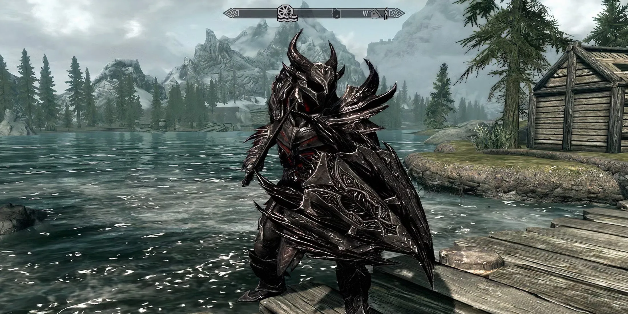 Bộ giáp Daedric uy nghi trong Skyrim, nổi bật giữa cảnh quan
