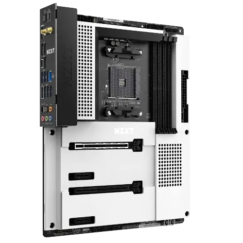 Bo mạch chủ NZXT N7 B550 màu trắng với thiết kế tối giản, lý tưởng cho các bản dựng PC thẩm mỹ.