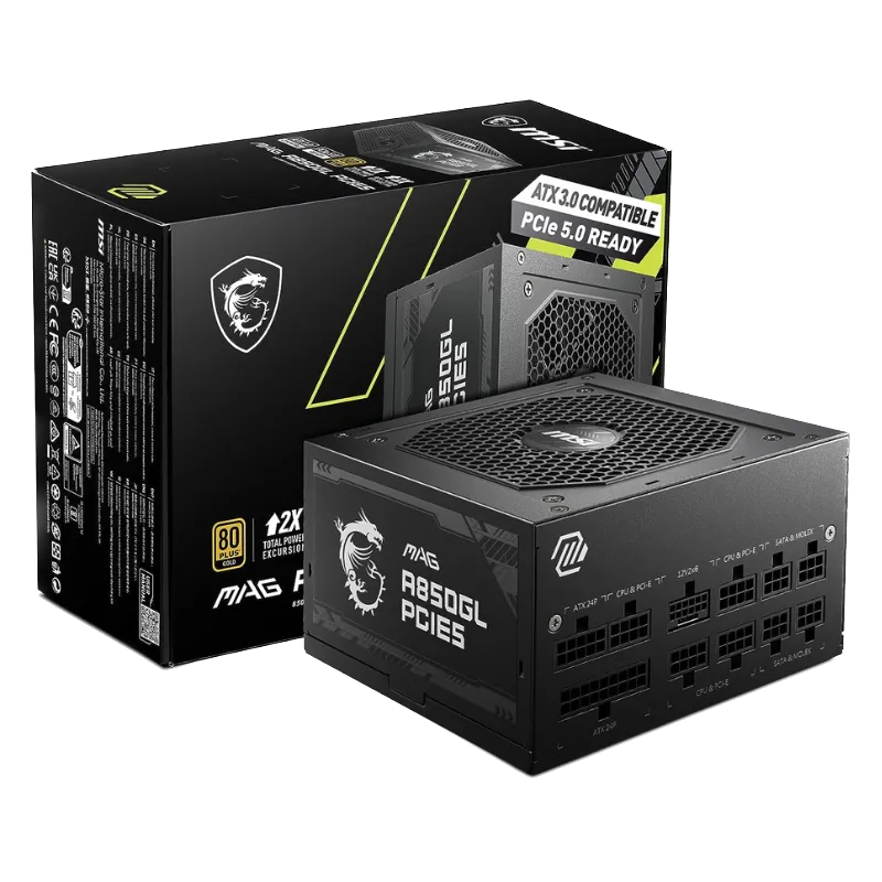 Bộ nguồn MSI MAG A850GL trên nền trong suốt, minh họa PSU chất lượng