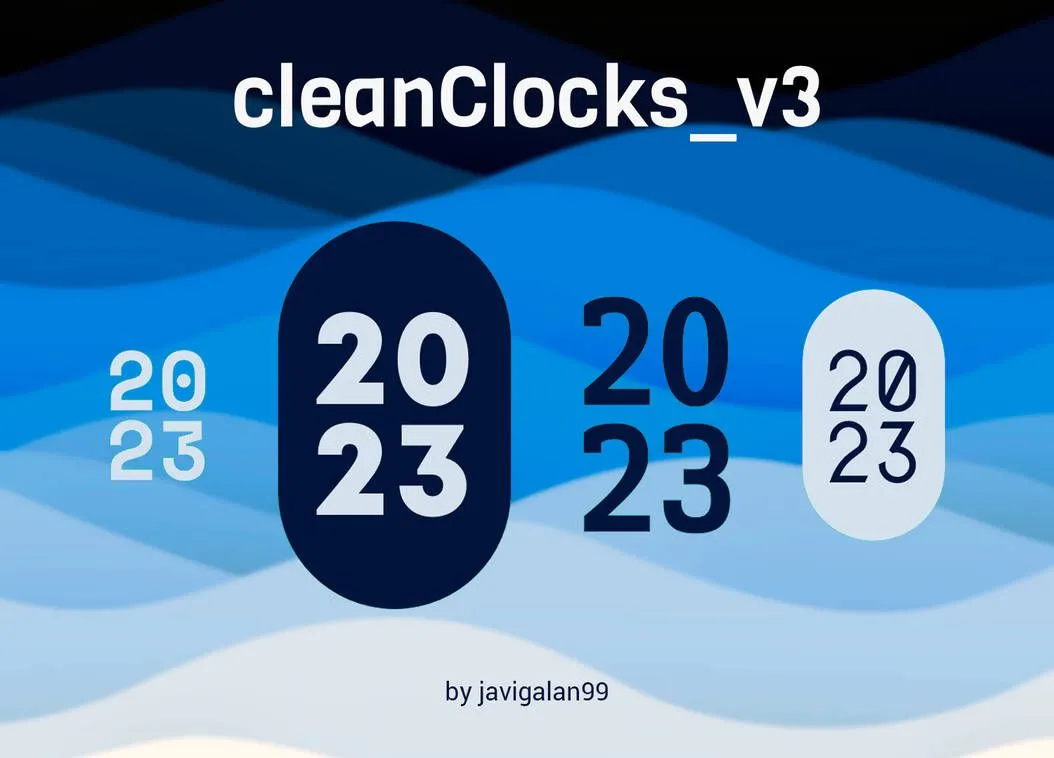Bộ sưu tập skin đồng hồ Rainmeter CleanClocks V3 trên nền xanh lượn sóng
