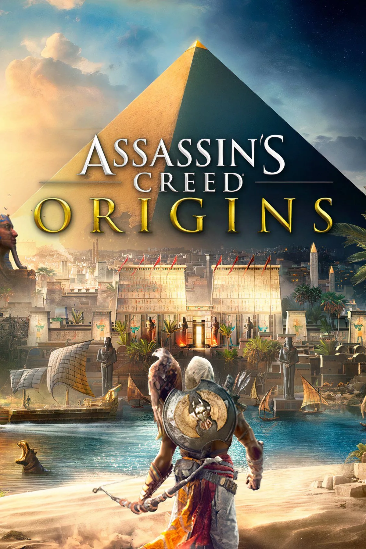 Bối cảnh Ai Cập cổ đại hùng vĩ với kim tự tháp và sa mạc trong Assassin's Creed Origins