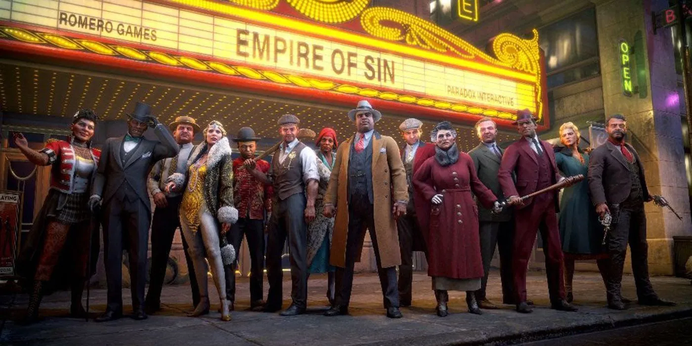 Bối cảnh game Empire of Sin với rạp hát và tên game, thể hiện không khí xã hội đen những năm 1920