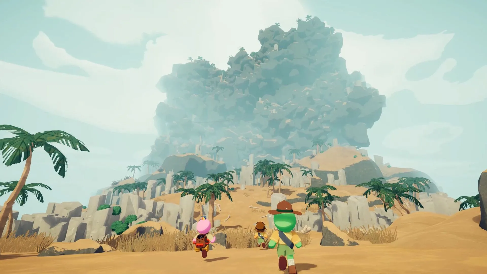 Bốn người chơi trong game Peak cùng nhau hướng về ngọn núi, thể hiện tinh thần hợp tác và sự chuẩn bị cho hành trình leo núi.