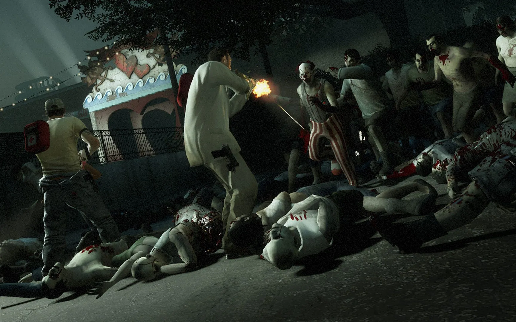 Bốn nhân vật Left 4 Dead 2 chiến đấu với zombie trong môi trường đô thị hoang tàn