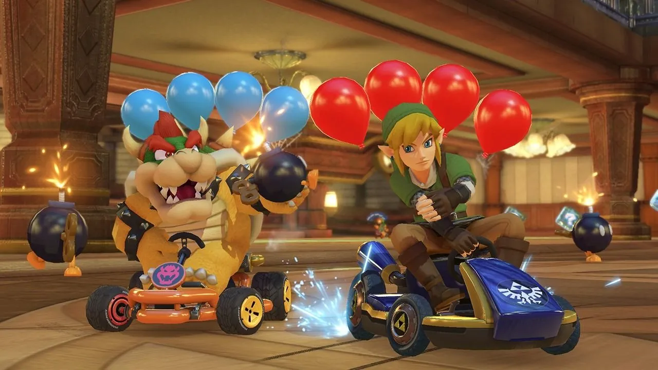 Bowser và Link đang đua trong game Mario Kart 8 Deluxe, minh họa sự thành công của các bản port game cũ trên Switch