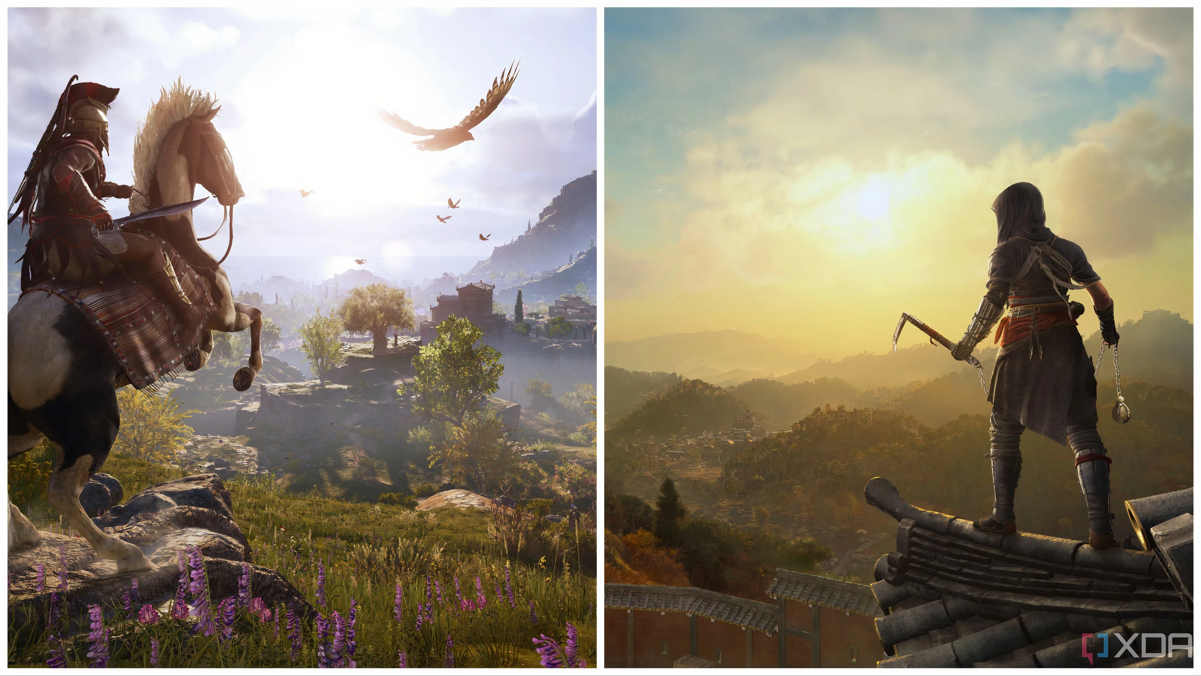 Bức ghép so sánh môi trường đa dạng trong Assassin's Creed Odyssey và Assassin's Creed Shadows, thể hiện sự kế thừa