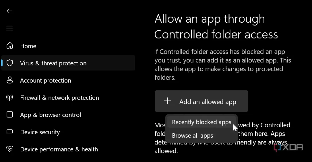 Các bước cho phép một ứng dụng bị chặn gần đây truy cập thông qua Controlled Folder Access trên Windows