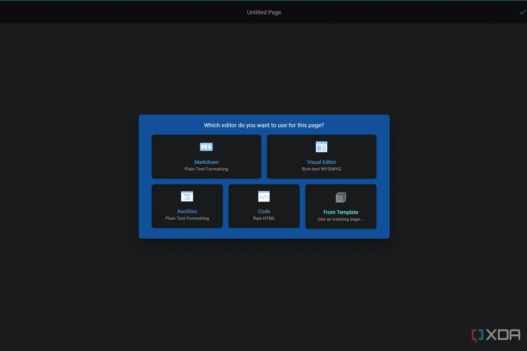 Các lựa chọn trình soạn thảo trong Wiki.js bao gồm Visual, Markdown, HTML và AsciiDoc