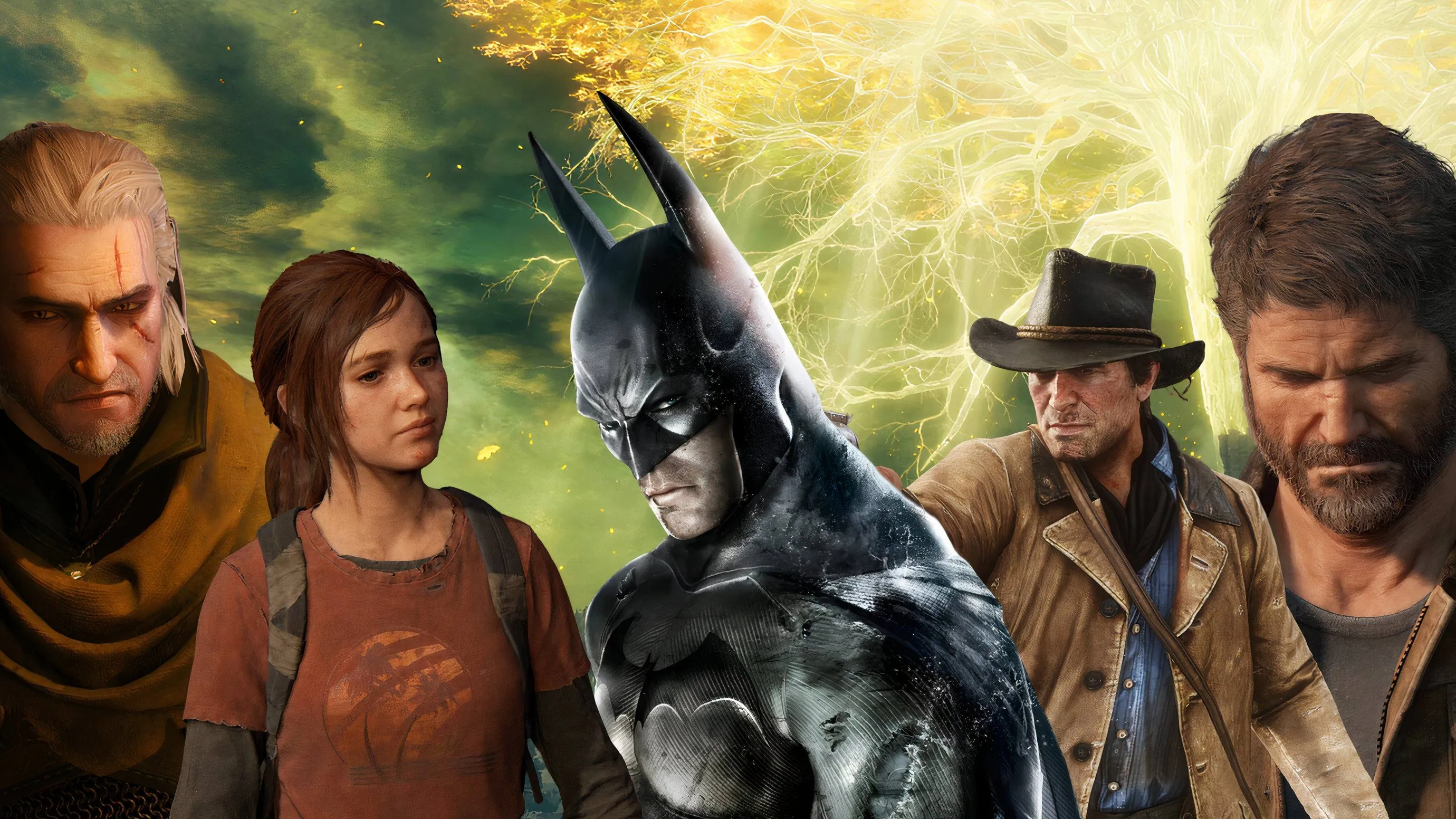 Các nhân vật game kinh điển Geralt, Ellie, Batman, Arthur Morgan và Joel Miller đại diện cho game single-player xuất sắc.