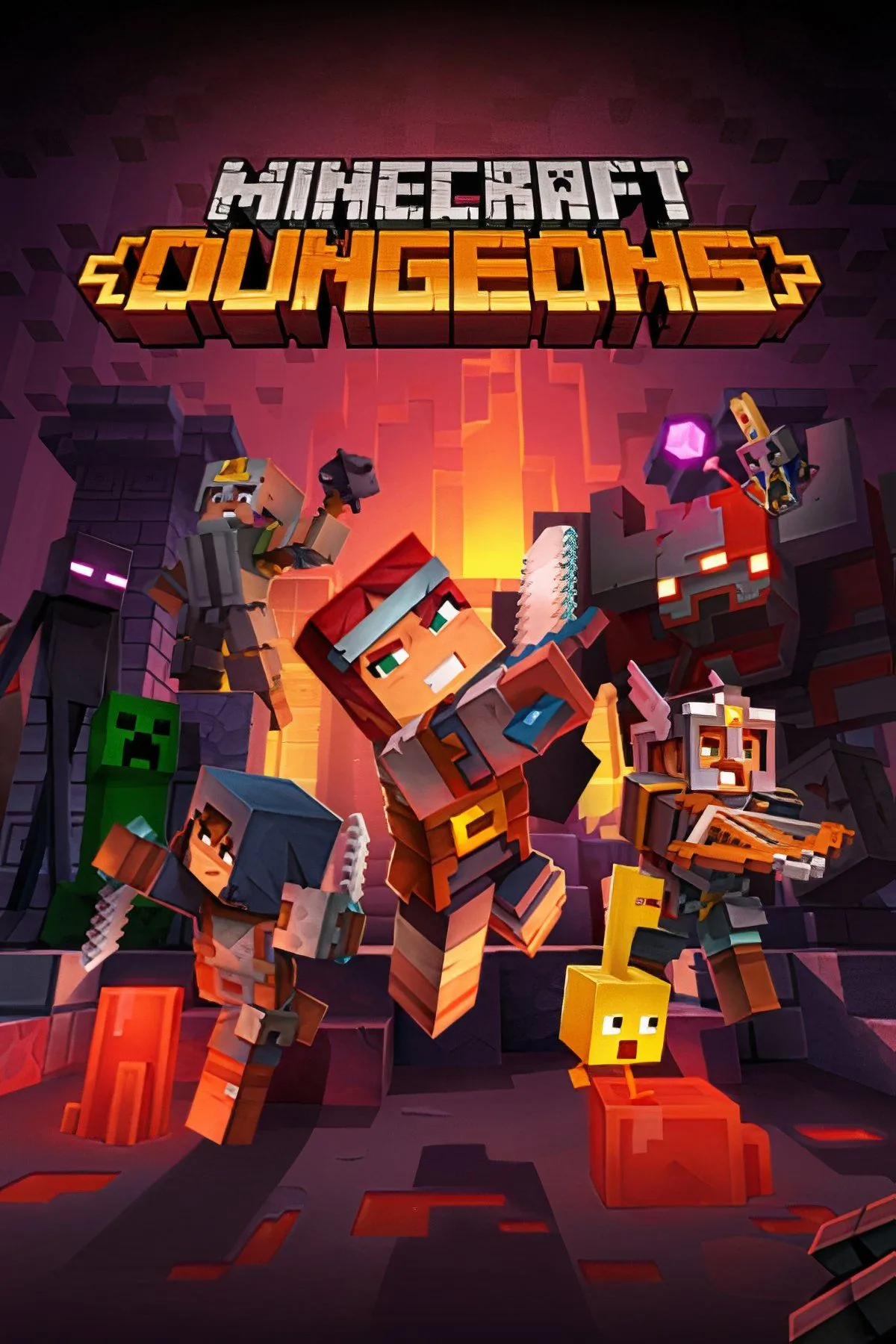 Các nhân vật Minecraft Dungeons đang chiến đấu với quái vật khối vuông trong một hầm ngục tối, thể hiện lối chơi dungeon crawler hành động