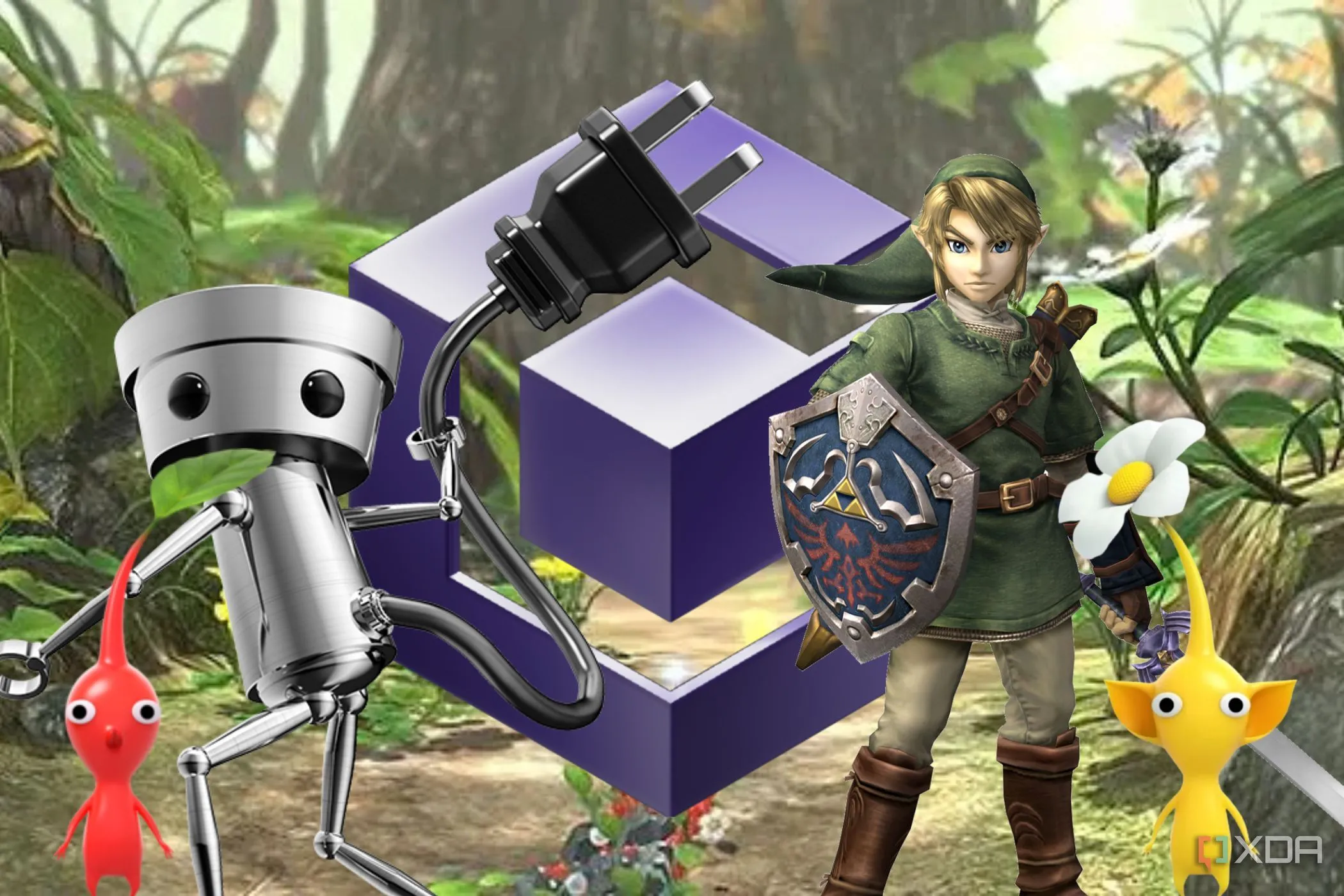 Các nhân vật Nintendo nổi tiếng vây quanh logo GameCube, gợi nhớ kỷ niệm game retro