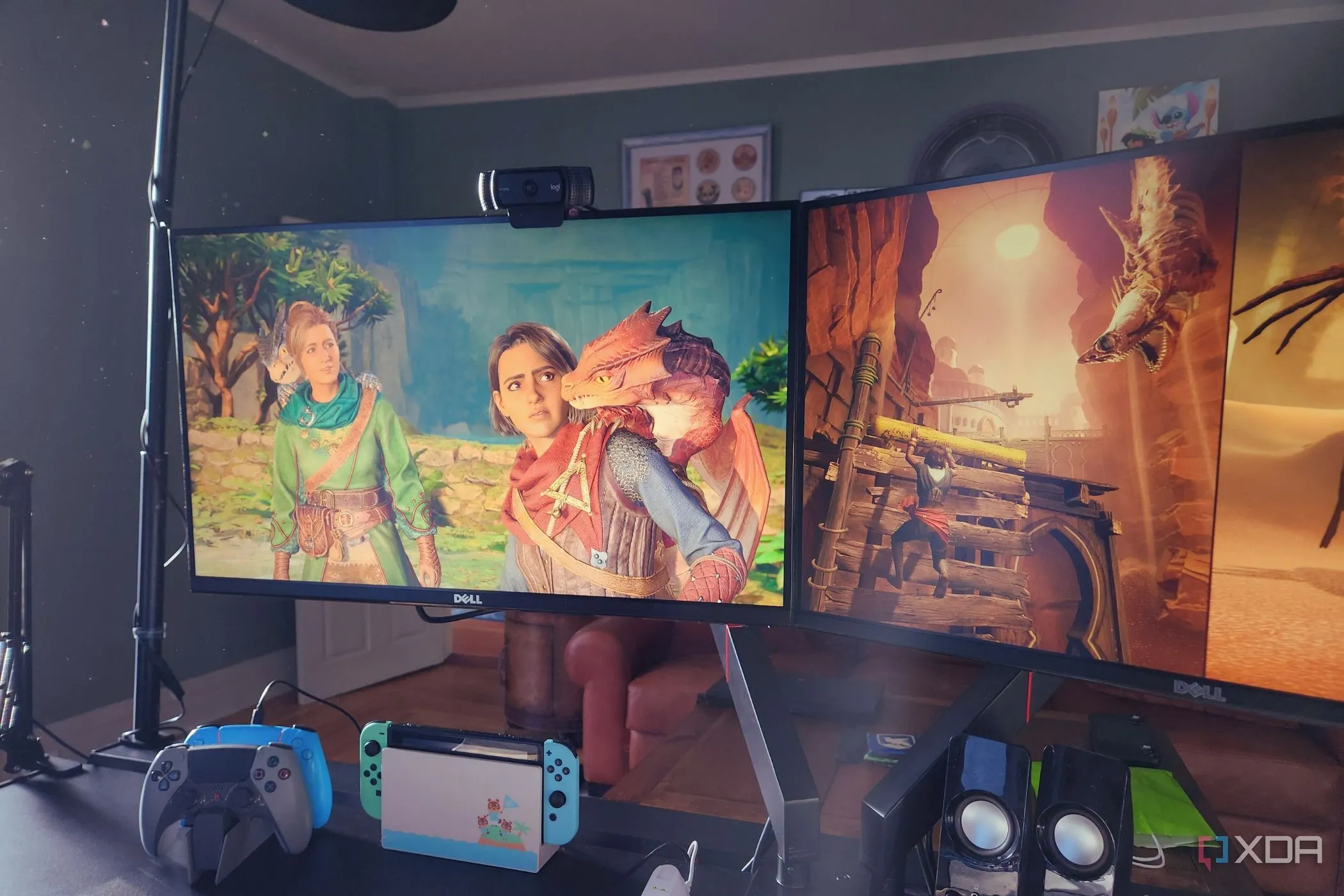Các nhân vật Split Fiction trên màn màn hình máy tính đang phản ứng với hình ảnh rồng, minh họa game co-op hấp dẫn
