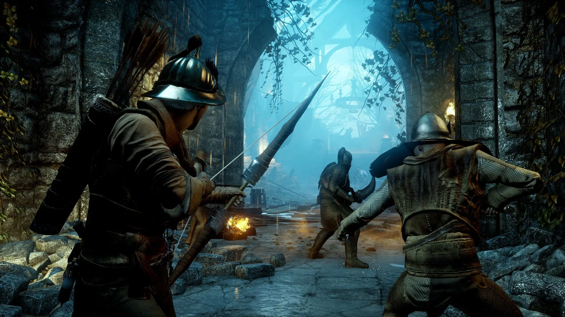 Các nhân vật trong Dragon Age: Inquisition đang chiến đấu với quái vật trong một khung cảnh giả tưởng hùng vĩ, thể hiện đồ họa chi tiết và hiệu ứng kỹ năng.