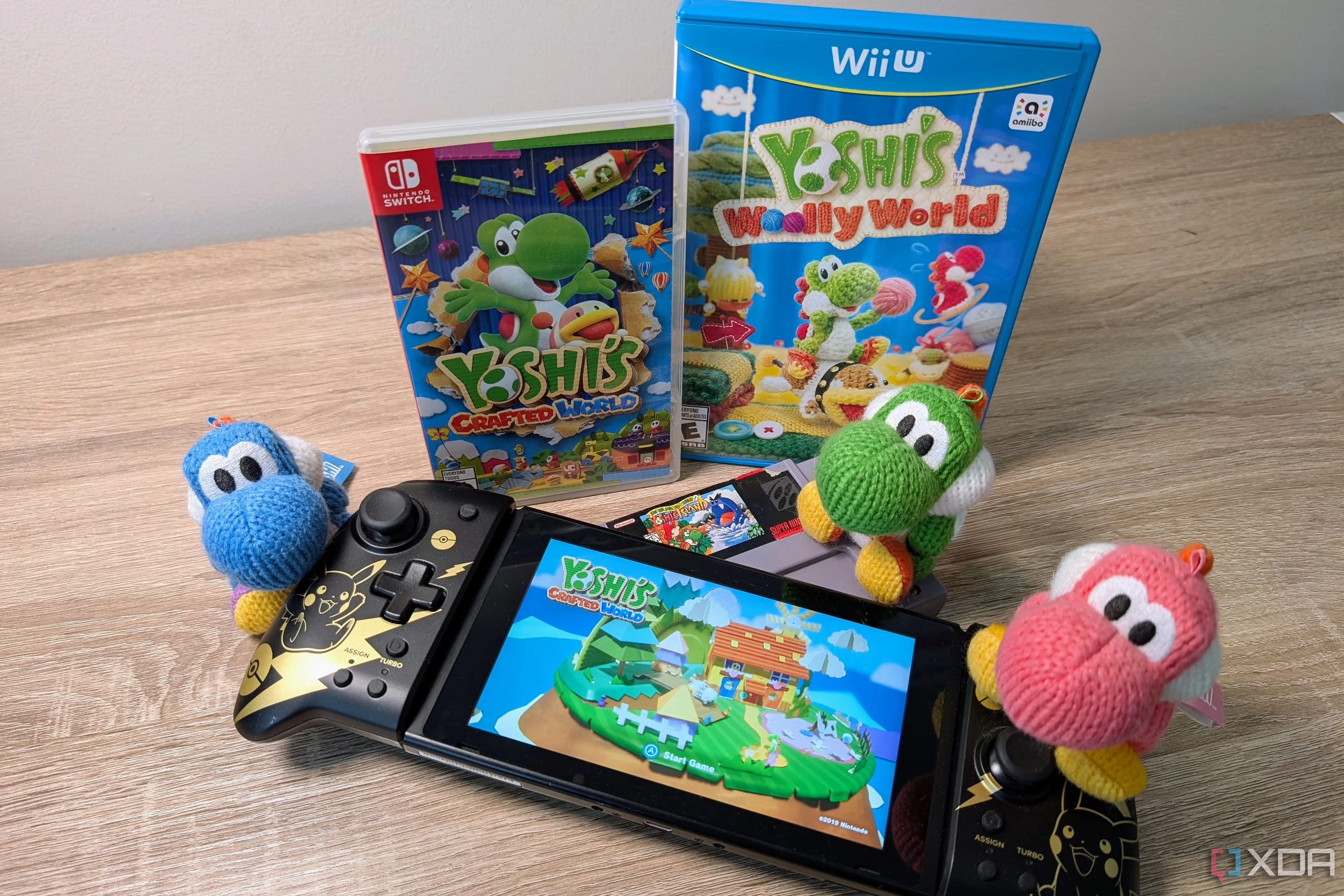 Các nhân vật Yoshi nhiều màu sắc trên nền máy chơi game Nintendo Switch, biểu tượng của sự độc đáo Nintendo