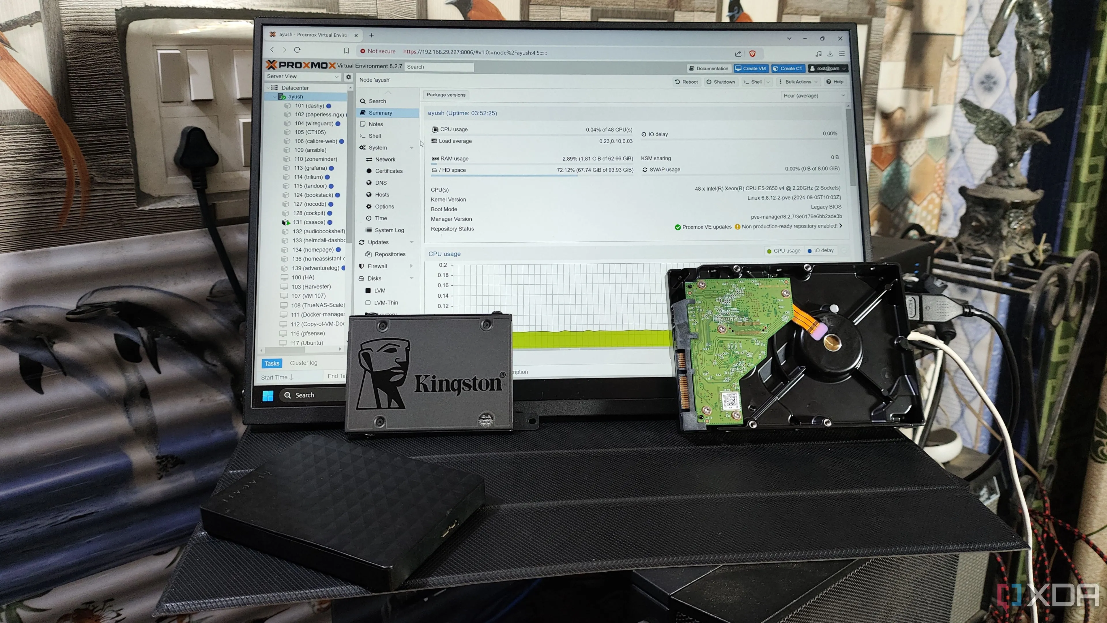 Các ổ cứng HDD và SSD cũ được sử dụng trong hệ thống home lab với giao diện Proxmox