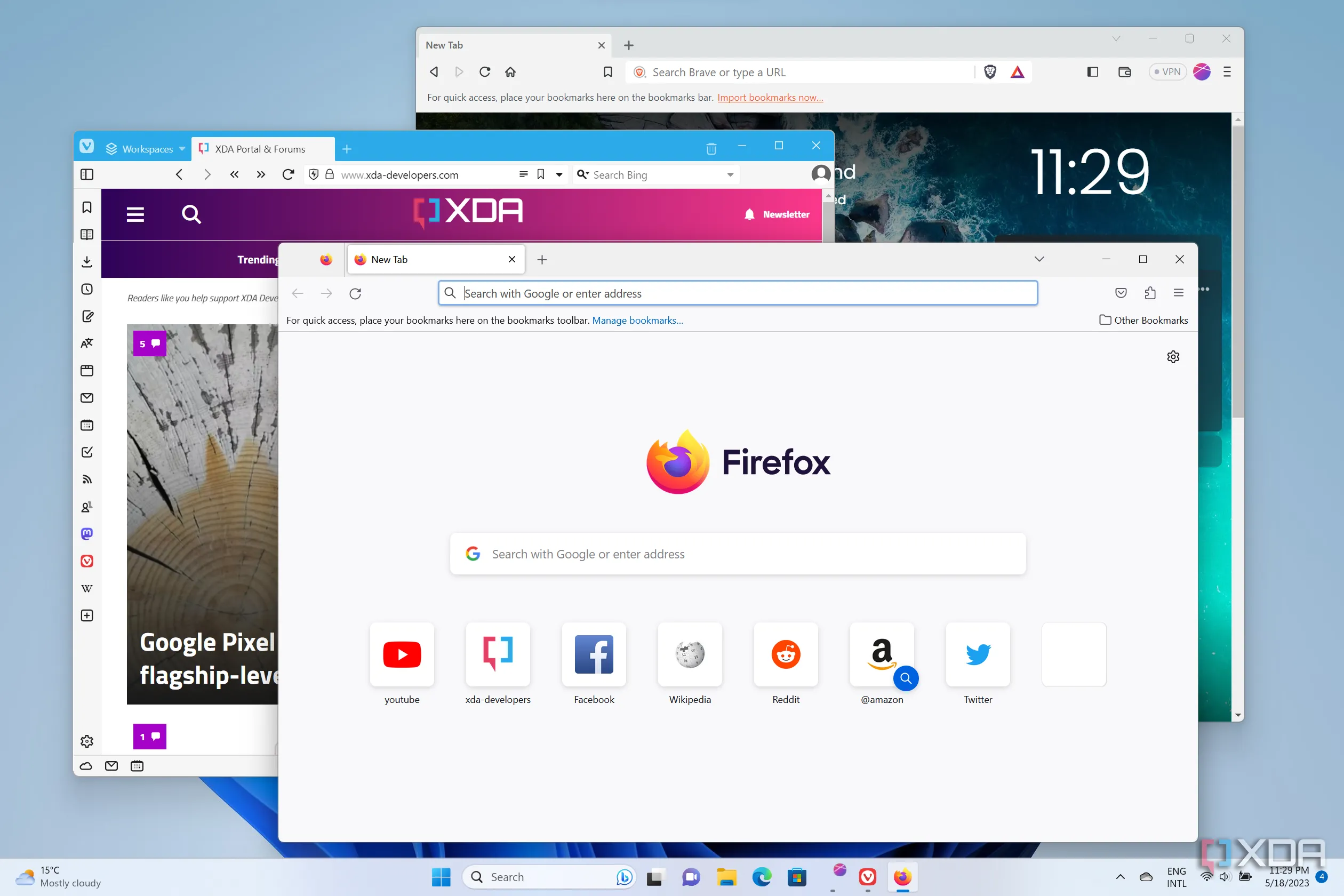 Các trình duyệt web phổ biến như Firefox, Vivaldi và Brave đang chạy trên Windows 11, thể hiện sự đa dạng lựa chọn cho người dùng.
