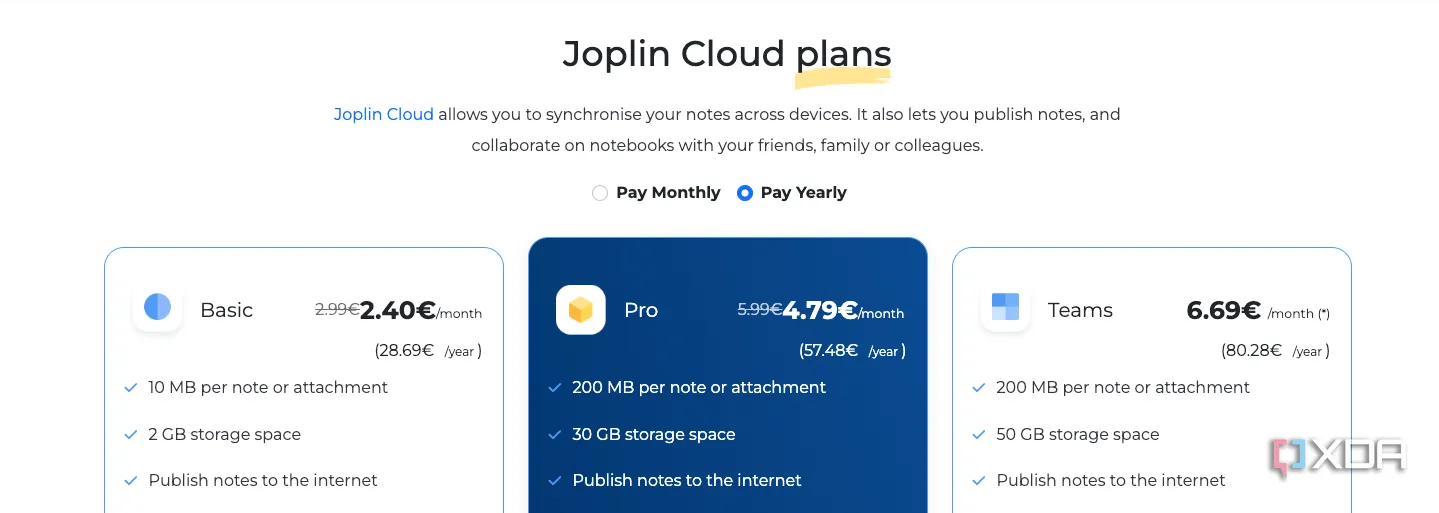 Các tùy chọn gói dịch vụ đám mây Joplin Cloud với thông tin về giá và dung lượng lưu trữ