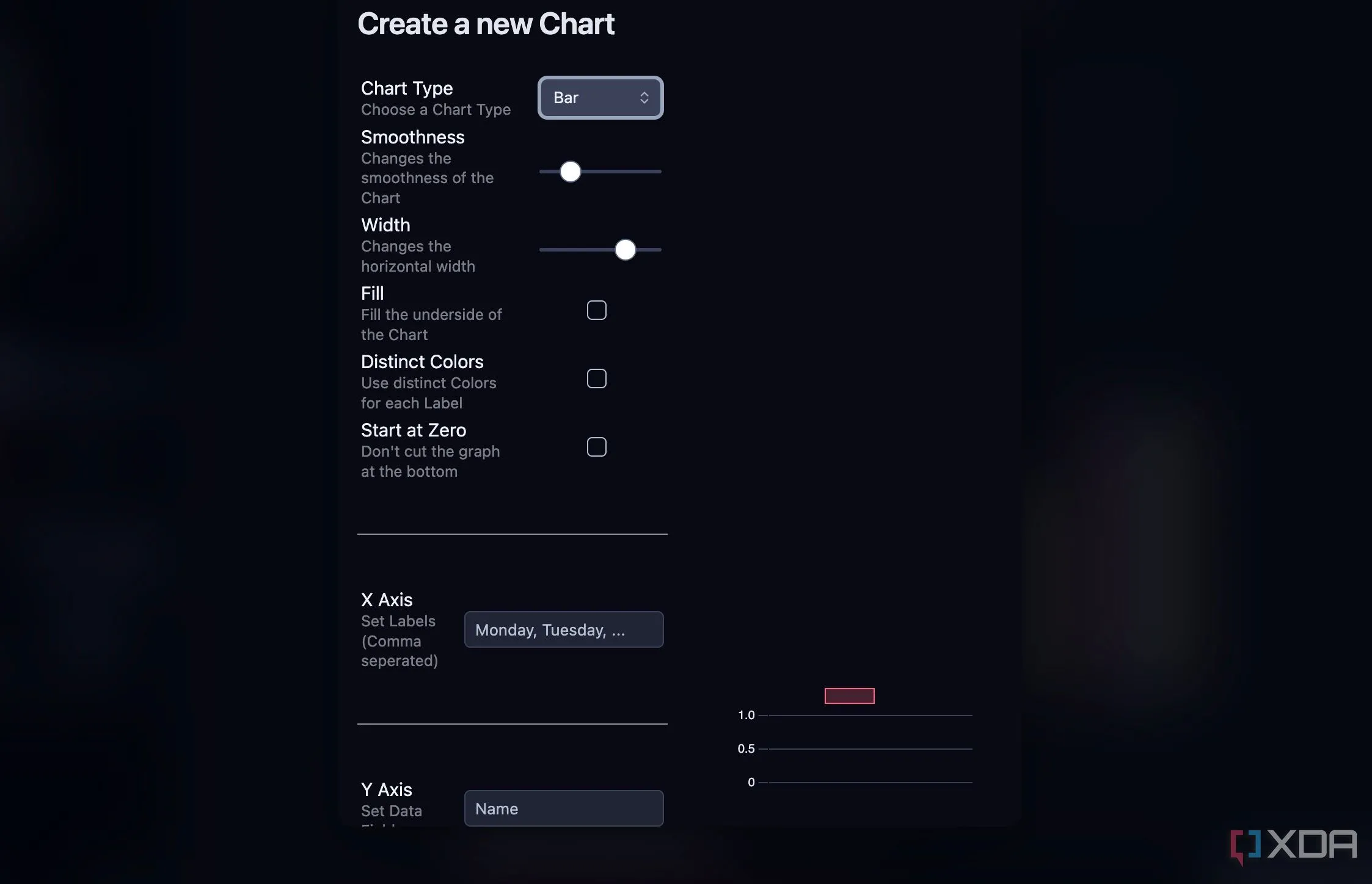 Các tùy chọn tùy chỉnh biểu đồ trong giao diện plugin Charts của Obsidian, cho phép người dùng điều chỉnh loại biểu đồ và dữ liệu