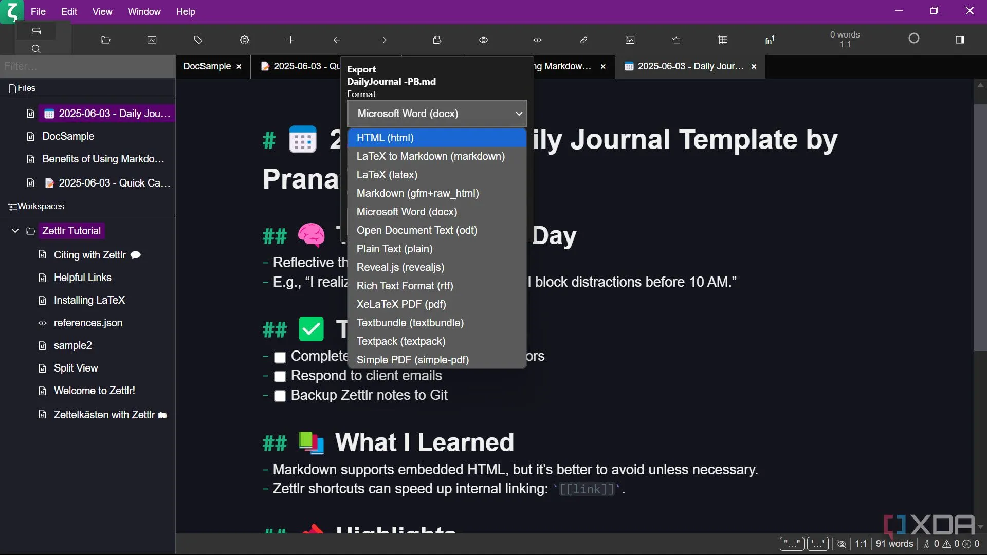 Các tùy chọn xuất đa dạng của Zettlr sang HTML, PDF, DOCX và LaTeX