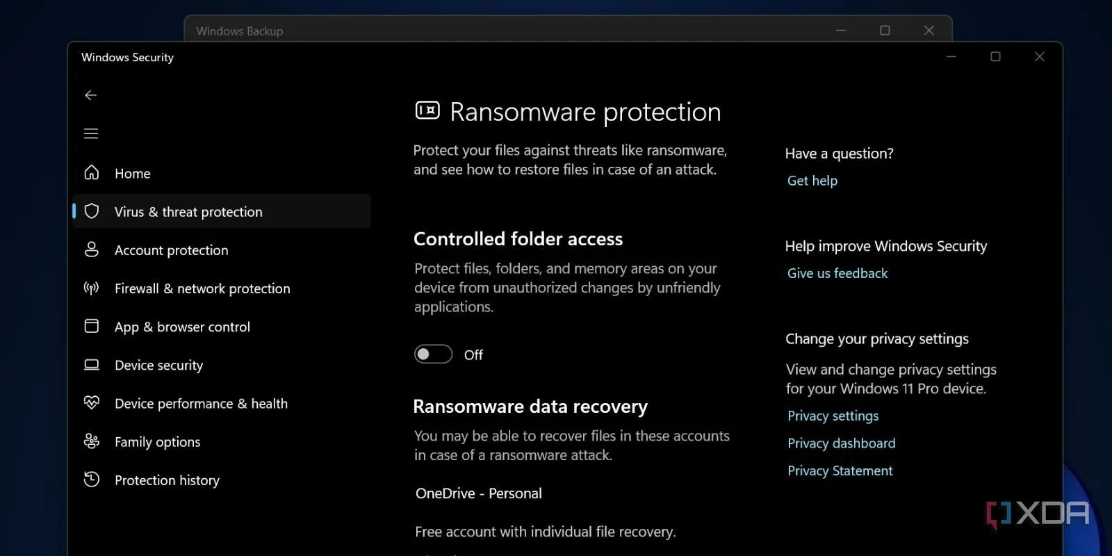 Cài đặt bảo vệ Ransomware trong ứng dụng Bảo mật Windows 11, đảm bảo an toàn cho dữ liệu sao lưu