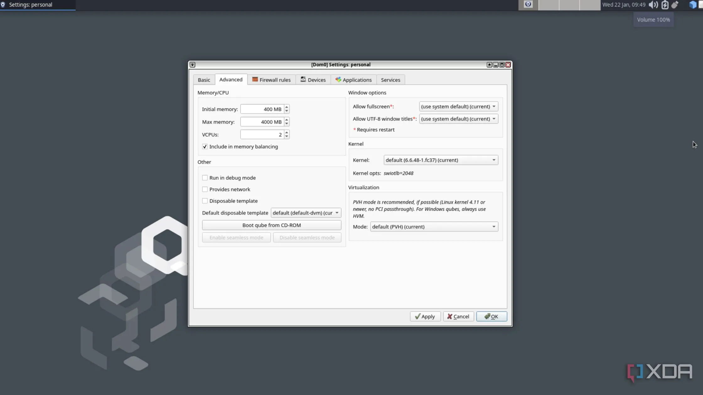 Cài đặt cấu hình cho một Quube cụ thể trong Qubes OS