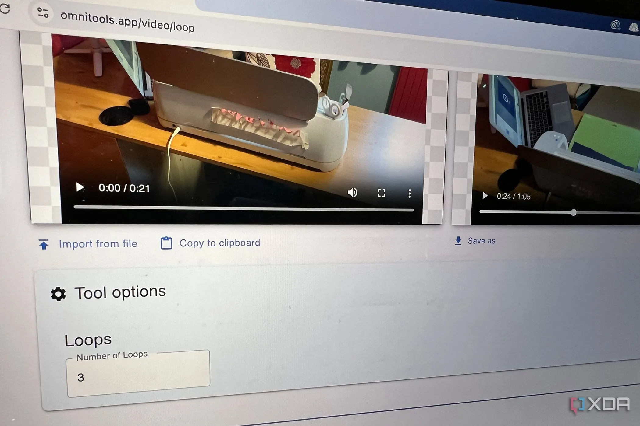 Cài đặt công cụ lặp video của Omni Tools, hiển thị tùy chọn số lần lặp và kết quả đầu ra