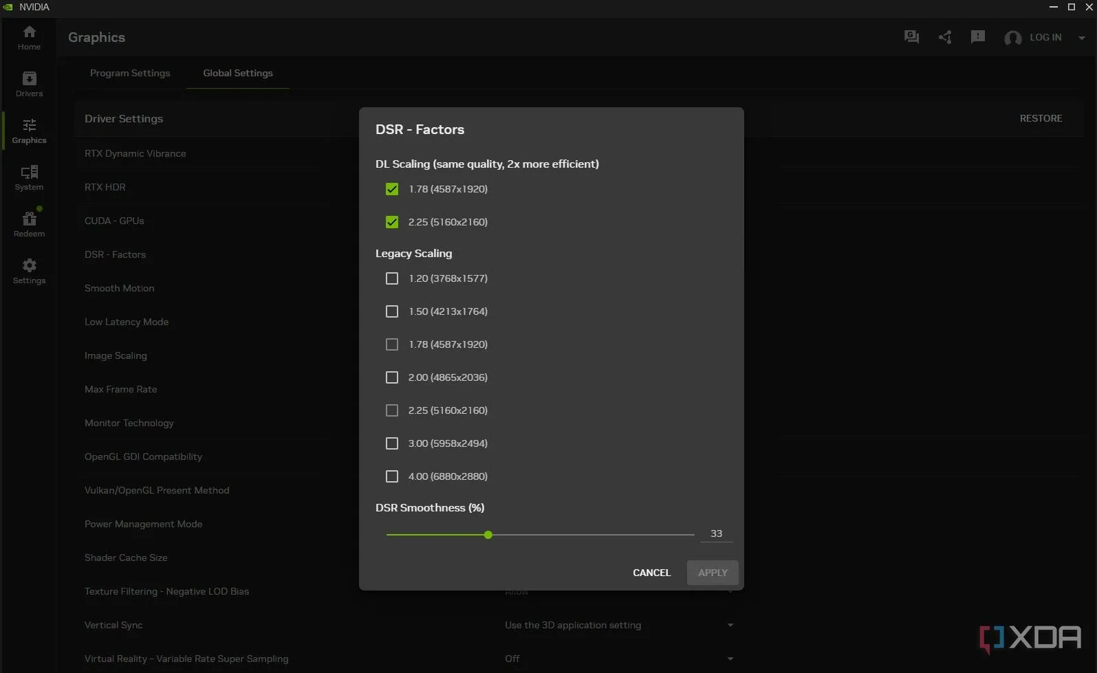 Cài đặt DLDSR trong ứng dụng Nvidia App, cho phép kích hoạt các tùy chọn nhân hệ số DSR.
