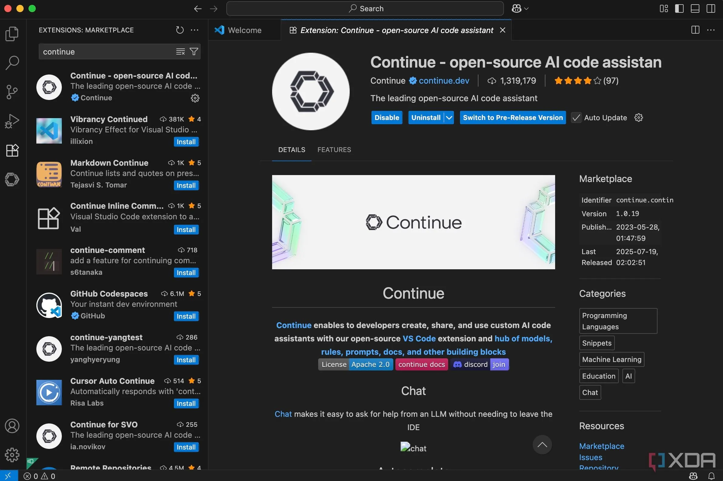 Cài đặt extension Continue AI trong Visual Studio Code để tích hợp LLM cục bộ