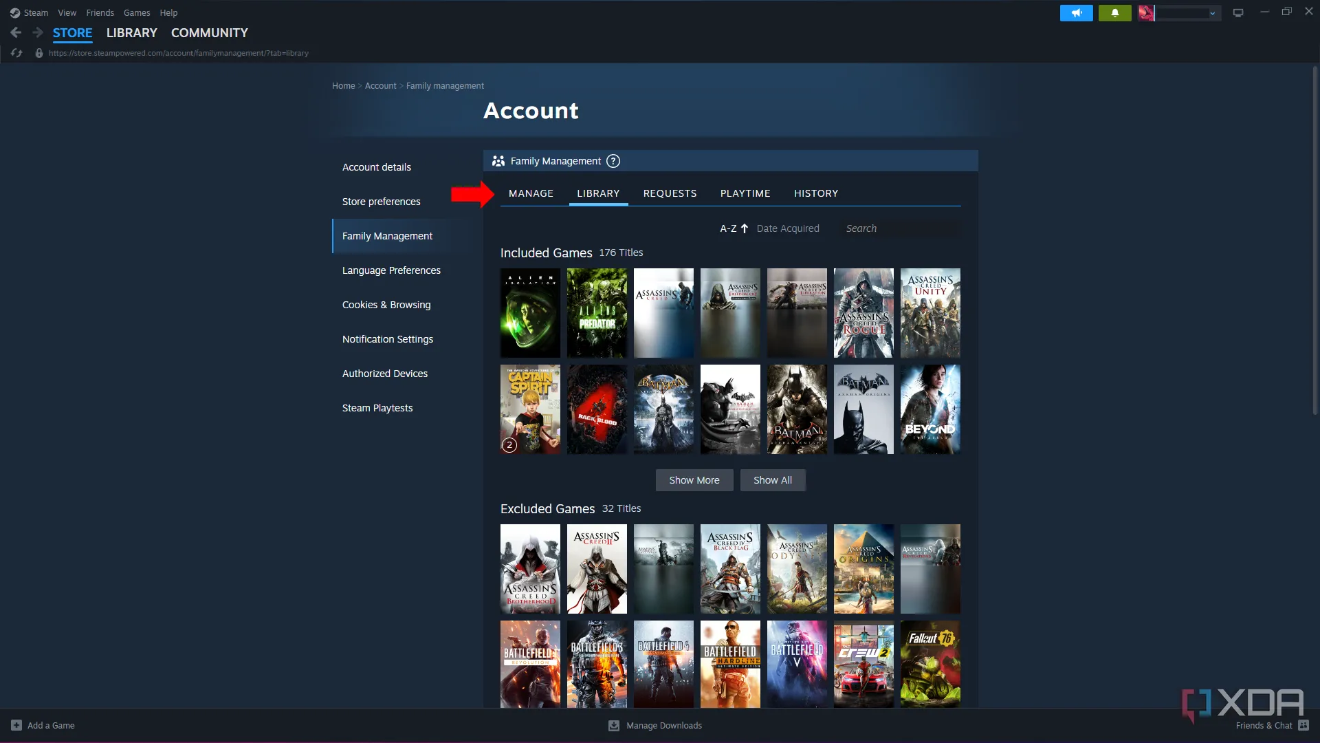 Cài đặt menu chia sẻ gia đình trong quản lý tài khoản Steam, cho phép game thủ chia sẻ thư viện game với bạn bè và người thân