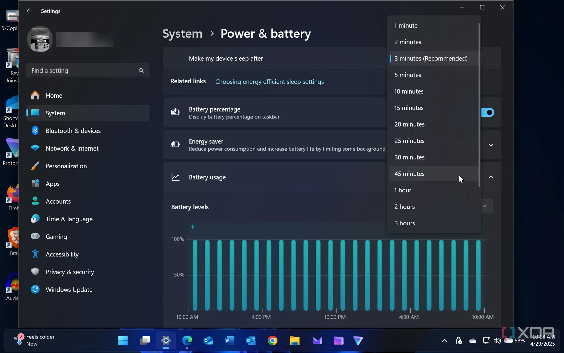 Cài đặt Nguồn và Pin trên Windows 11, nơi bạn có thể điều chỉnh chế độ năng lượng và thời gian tắt màn hình