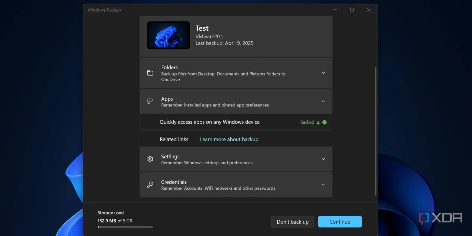Cài đặt sao lưu ứng dụng trong Windows Backup, cho phép khôi phục nhanh các ứng dụng từ Microsoft Store
